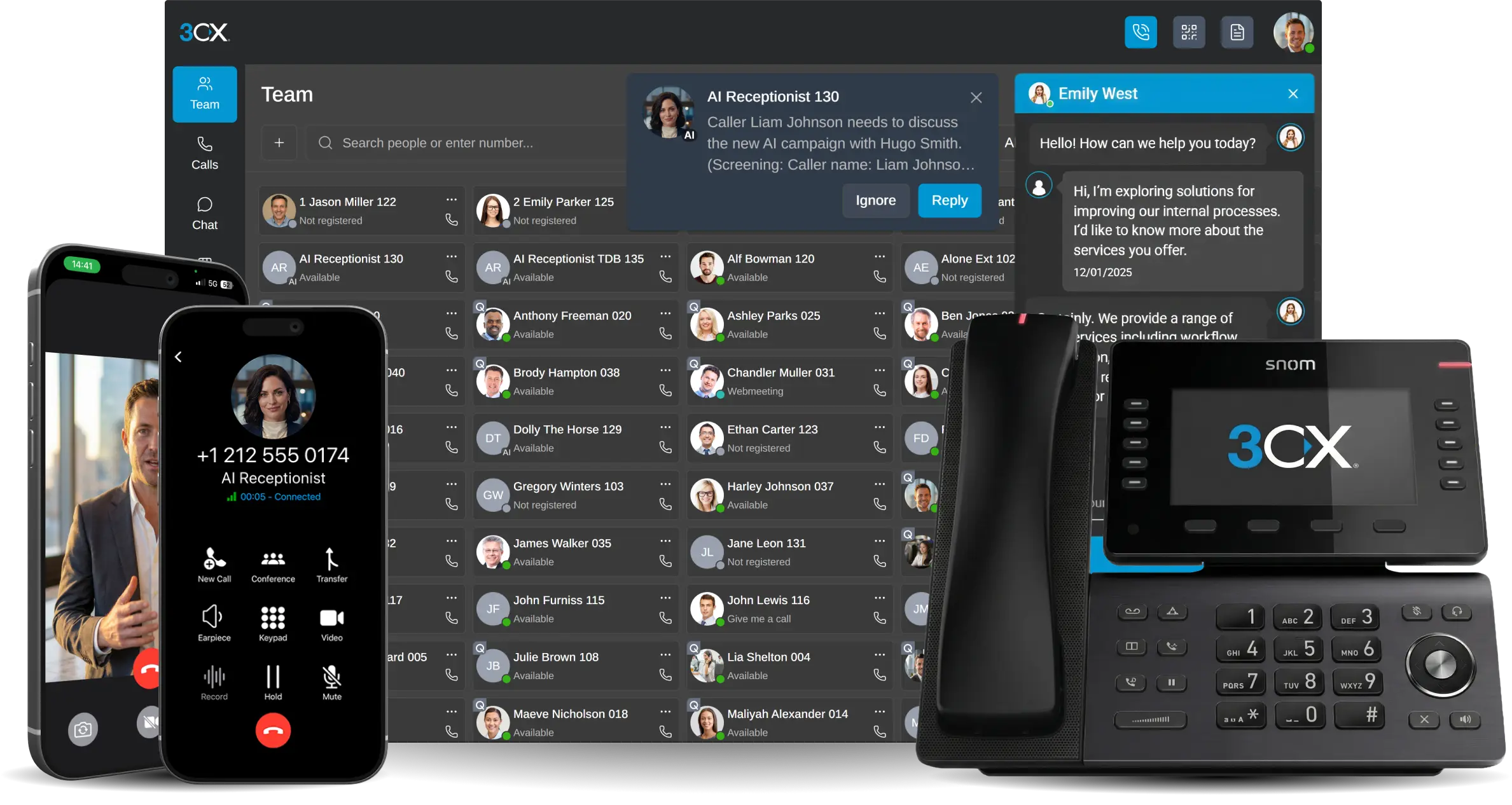 3CX Plattform — Web-Client, Mobile-App, AI-Rezeptionist und Tischtelefon